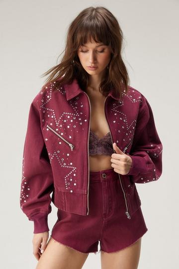 Diamante Star Studded Bomber Jacket pink