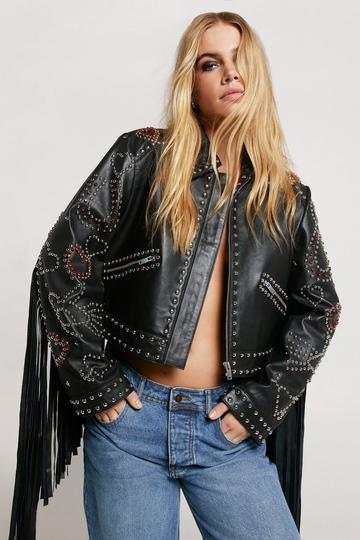 Real Leather Studded Fringe Jacket black