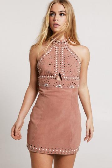 Pink Real Suede Studded Halter Mini Dress