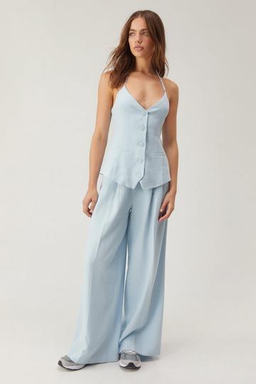 Blue Premium Linen Tailored Wide Leg Pants