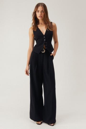 Black Premium Linen Tailored Wide Leg Pants