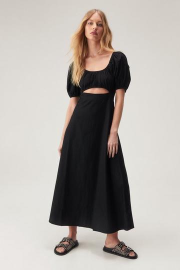 Linen Mix Puff Sleeve A Line Maxi Dress black