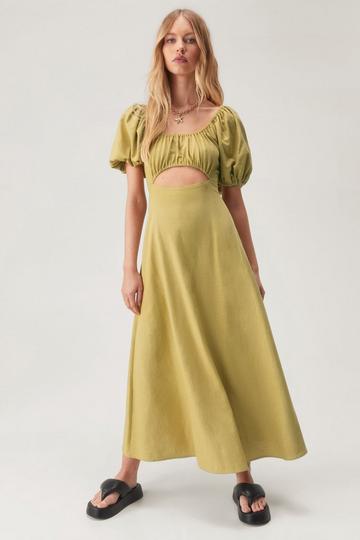 Linen Mix Puff Sleeve A Line Maxi Dress sage