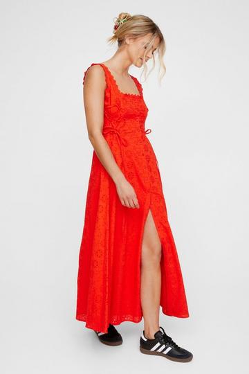 Red Soft Corset Broderie Lace Up Side Midi Dress