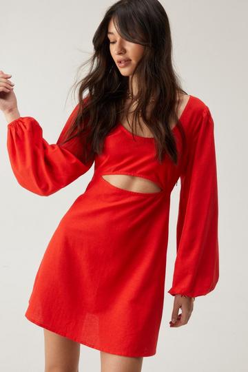 Red Linen Mix Cut Out Mini Dress