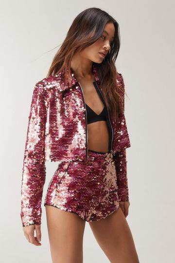 Pink Premium Sequin Tailored Cropped Jacket