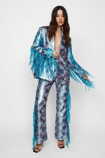 Premium Mermain Sequin Fringe Flare Pants blue