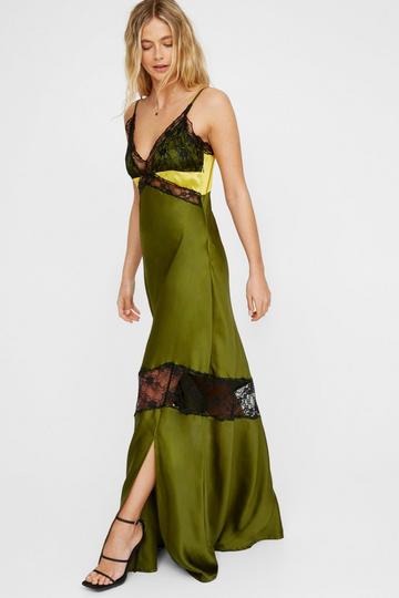 Satin Lace Trim Mix Maxi Dress olive