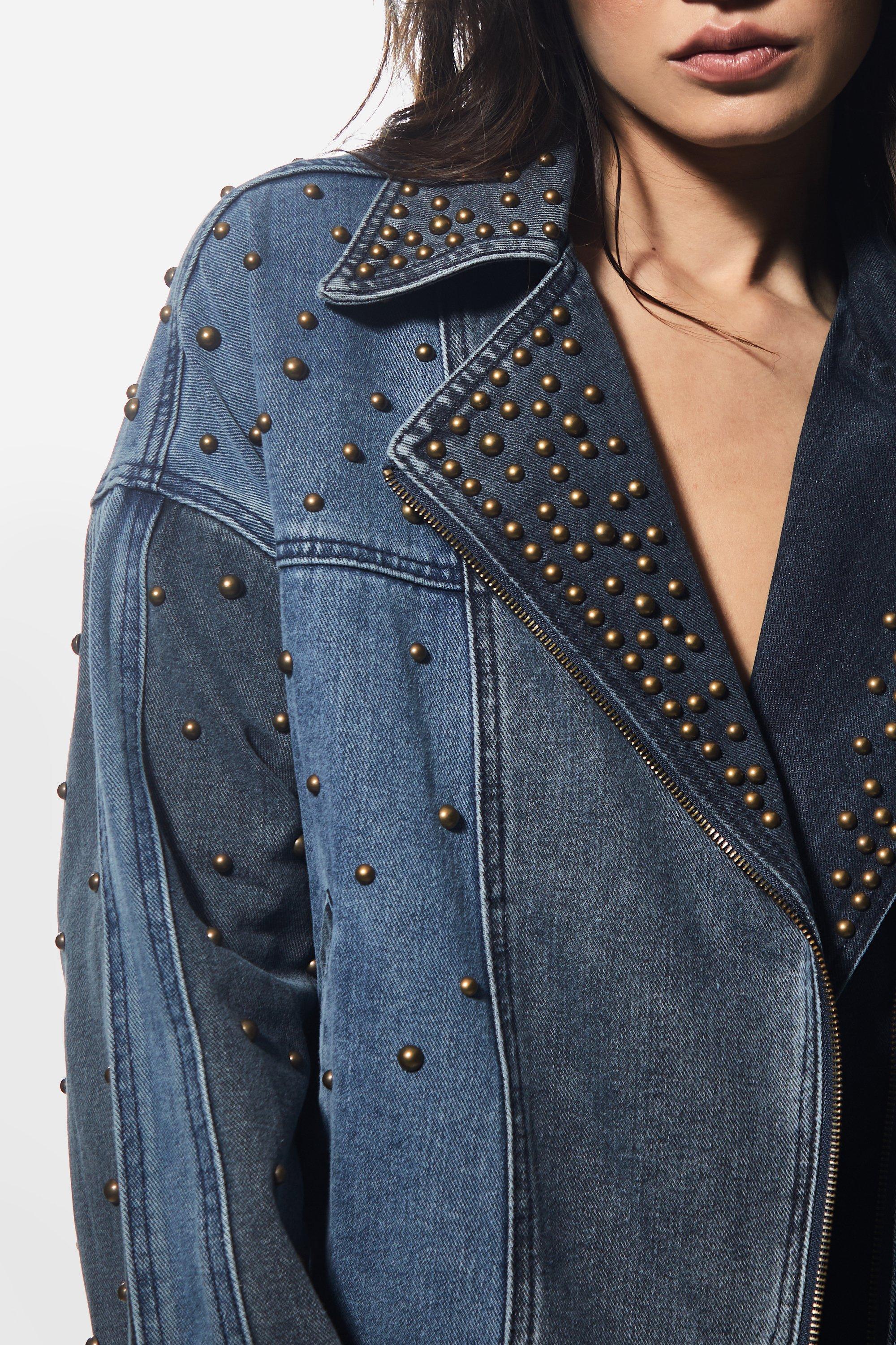 Studded denim moto jacket store