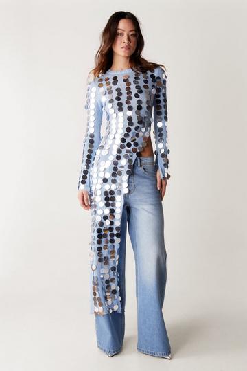 Blue Disc Sequin Split Sheer Knit Maxi Top