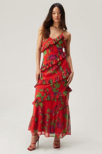 Floral Ruffle Tiered Chiffon Maxi Dress red