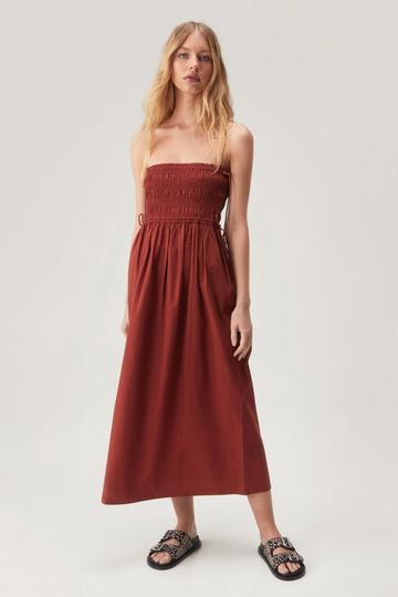 Cotton Shirred Bust Bandeau Midi Dress rust