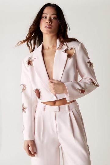 Pink Premium Cut Out Embellished Cropped Blazer