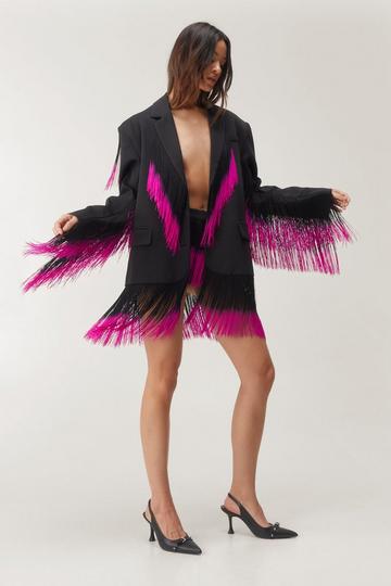 Premium Ombre Shoulder Pad Fringe Blazer black