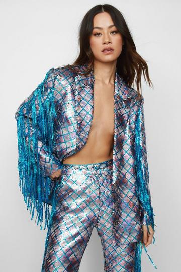 Premium Mermaid Sequin Fringe Blazer blue