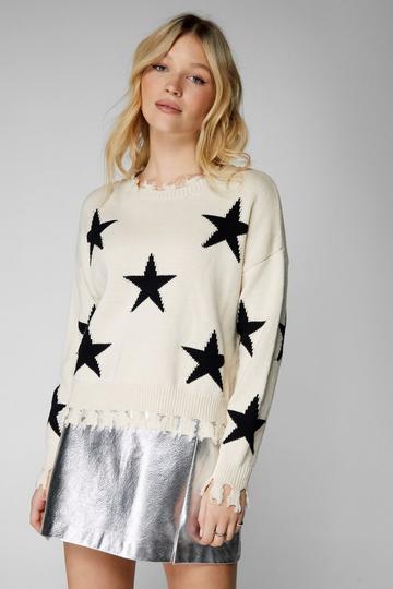 Star Print Frayed Sweater cream