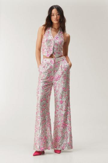 Sequin Floral Wide Leg Pants pink