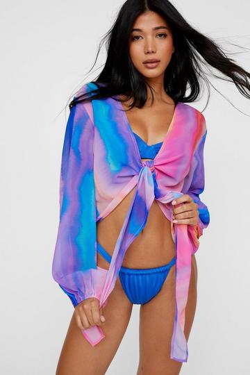 Pink Tie Dye Sheer Tie Front Balloon Sleeve Beach Top