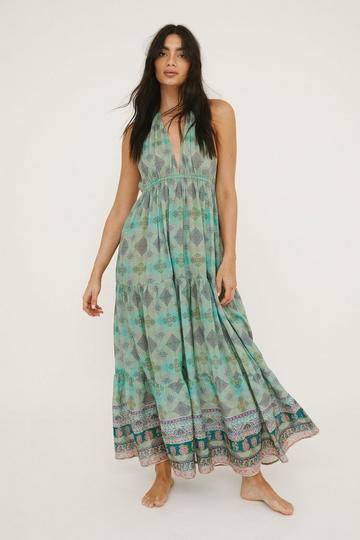 Green Cotton Paisley Border Print Tiered Maxi Beach Dress