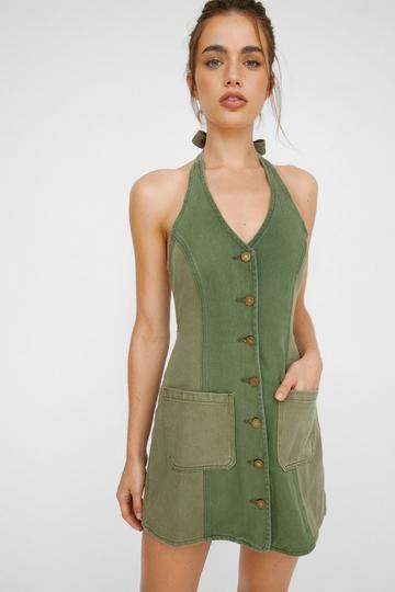 Twill Colourblock Halterneck Dress khaki