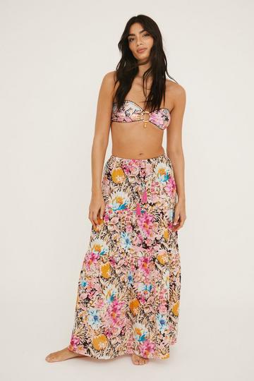 Pink Cotton Pineapple Low Rise Tassel Maxi Beach Skirt