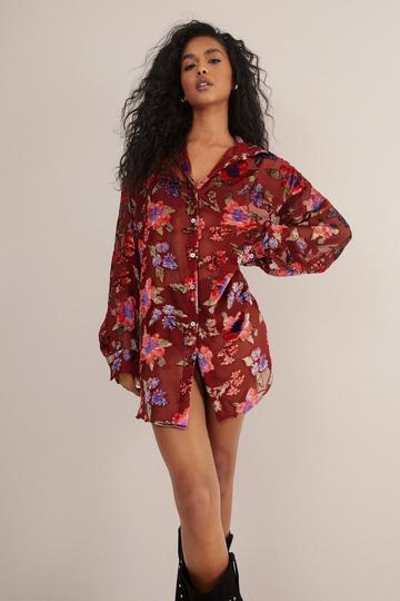 Devore Oversized Sheer Floral Shirt wine