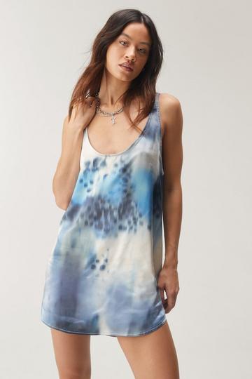 Blue Textured Satin Scoop Neck Tank Mini Dress