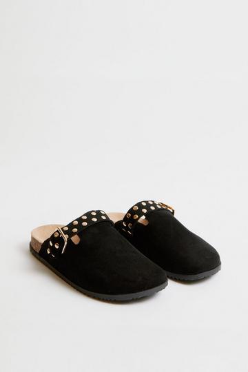 Faux Suede Studded Buckle Mule black