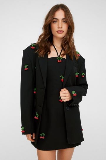 Premium Twill Embellished Cherry Blazer black