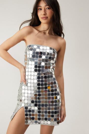 Mirrorball Disc Sequin Bandeau Split Mini Dress silver