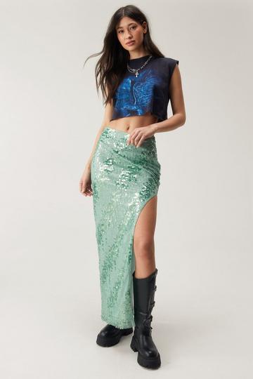 Sequin High Side Split Maxi Skirt metallic green