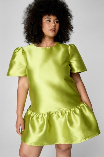 Plus Structured Satin Puff Sleeve Peplum Hem Mini Dress soft lime