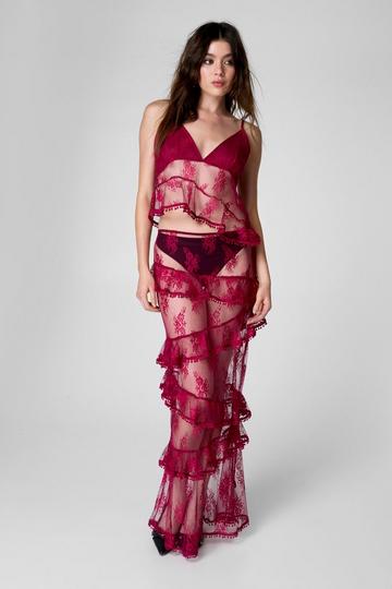 Lace Ruffle Tiered Maxi Skirt wine