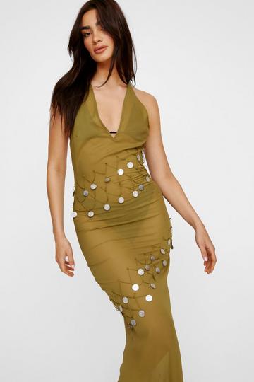 Coin Trim Halter Neck Maxi Beach Dress olive