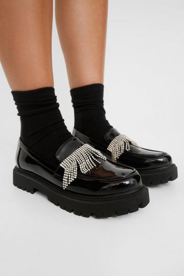 Diamante Trim Tassel Patent Loafers black