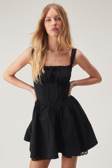 Black Corset Lace Trim Skater Mini Dress