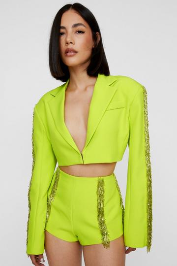 Premium Bead Embellished Fringe Cropped Blazer lime