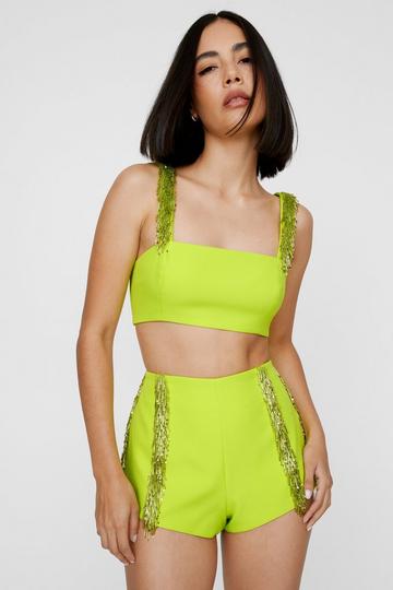 Beaded Fringe Tailored Shorts lime