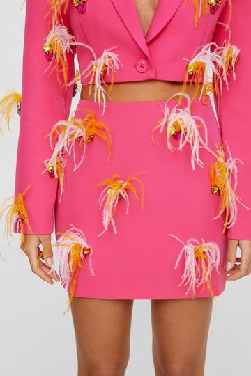 Pink Premium Feather Embellished Tailored Mini Skirt