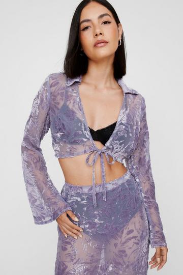 Floral Devore Tie Front Crop Top lilac