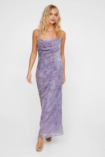 Lilac Purple Floral Devore Cowl Neck Maxi Dress