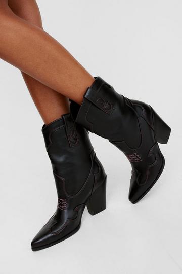 Faux Leather Contrast Embroidery Ankle Western Boot black