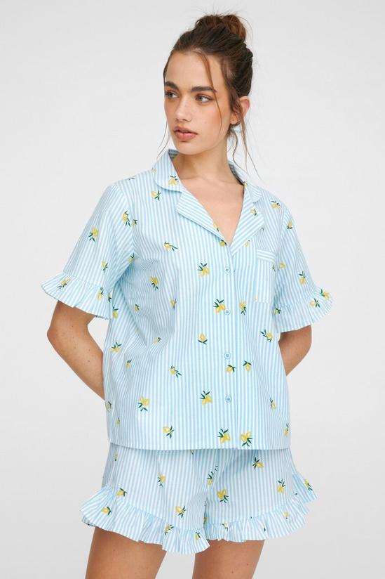 NastyGal Cotton Lemon Embroidered Stripe Ruffle Pajama Shorts Set 1