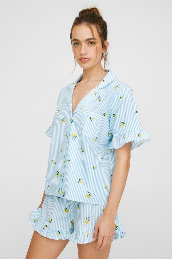 NastyGal Cotton Lemon Embroidered Stripe Ruffle Pajama Shorts Set 3