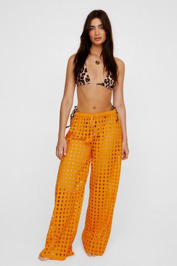 Eyelet Wide Leg Tassel Tie Beach Pants orange