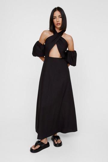 Halter Cut Out Puff Sleeve Maxi Dress black