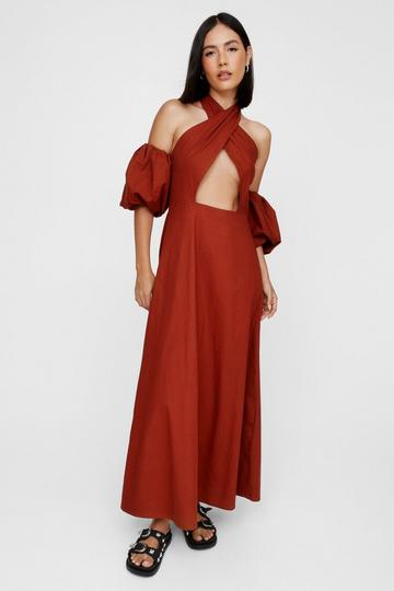 Rust Orange Halter Cut Out Puff Sleeve Maxi Dress