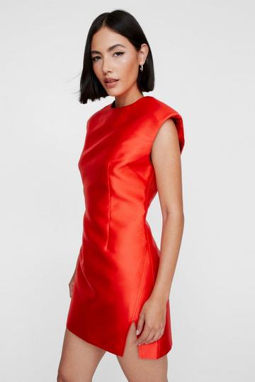 Structured Satin Shoulder Pad Side Split Dress red