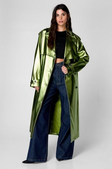 Premium Metallic Faux Leather Trench Coat green