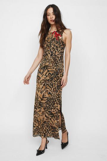 Multi Leopard Mesh Cut Out Maxi Dress